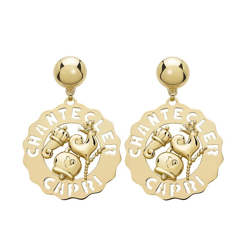 Orecchini Chantecler Logo Oro KT 18 Cornetto Gallo e Campanella