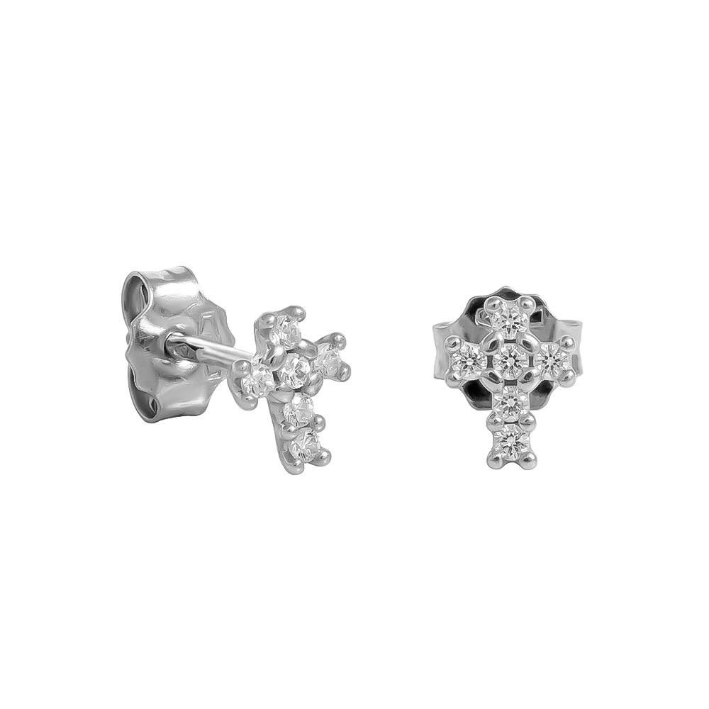Orecchini Croci Mini in Oro Bianco 18 Kt e Cubic Bianca