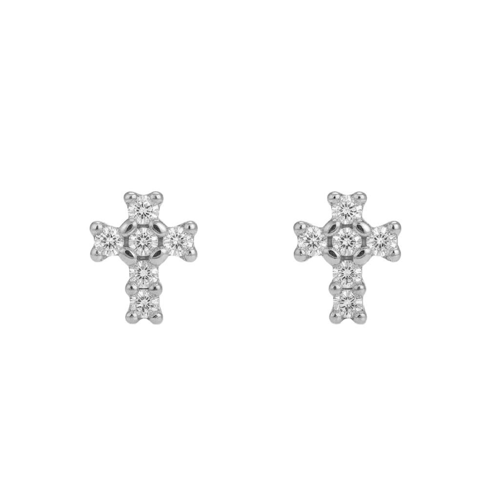 Orecchini Croci Mini in Oro Bianco 18 Kt e Cubic Bianca