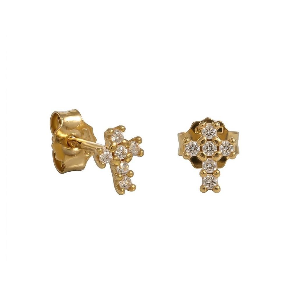 Orecchini Croci Mini in Oro Giallo 18 Kt e Cubic Bianca