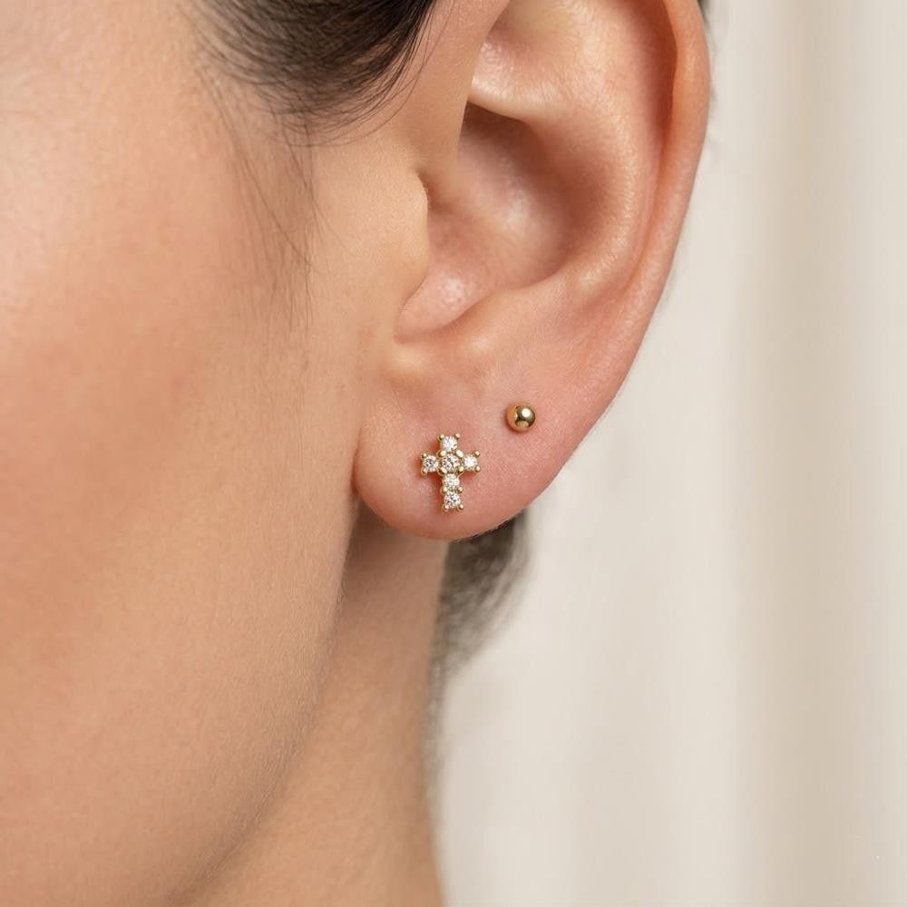 Orecchini Croci Mini in Oro Giallo 18 Kt e Cubic Bianca
