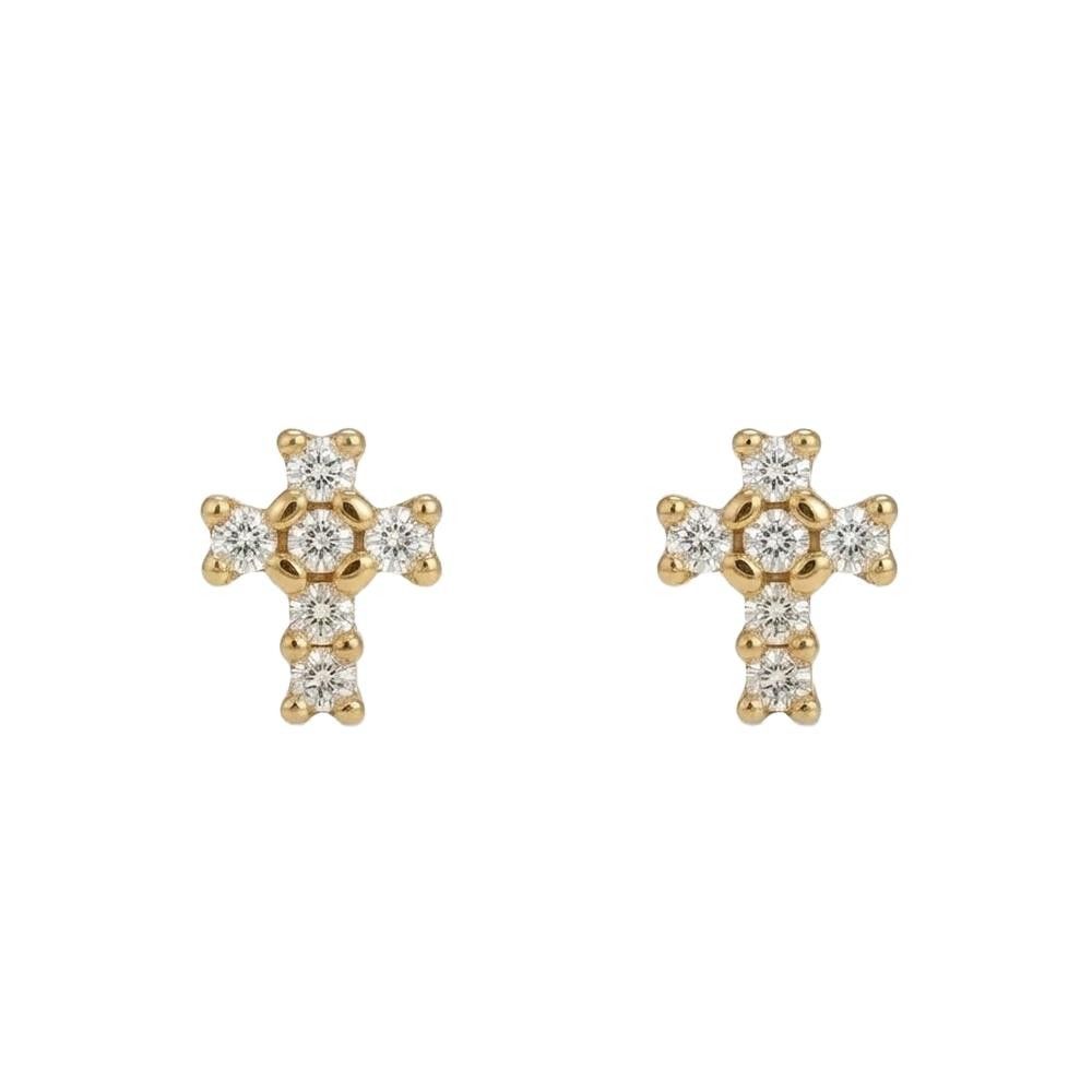 Orecchini Croci Mini in Oro Giallo 18 Kt e Cubic Bianca