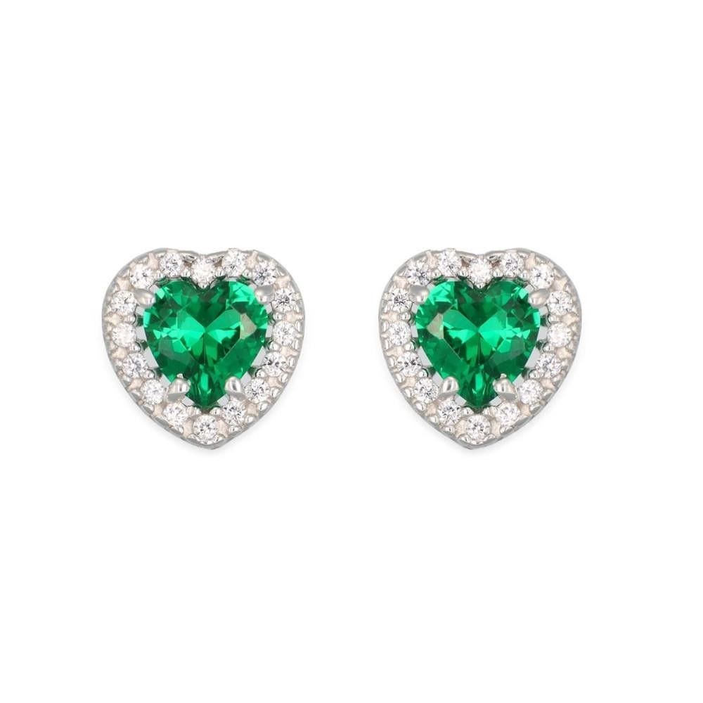 Orecchini Cuori in Oro Bianco 18 Kt e Cubic Verde Smeraldo