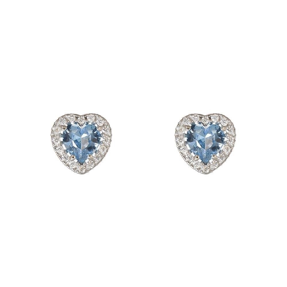 Orecchini Cuori in Oro Bianco 18 Kt e Cubic Celeste Acquamarina
