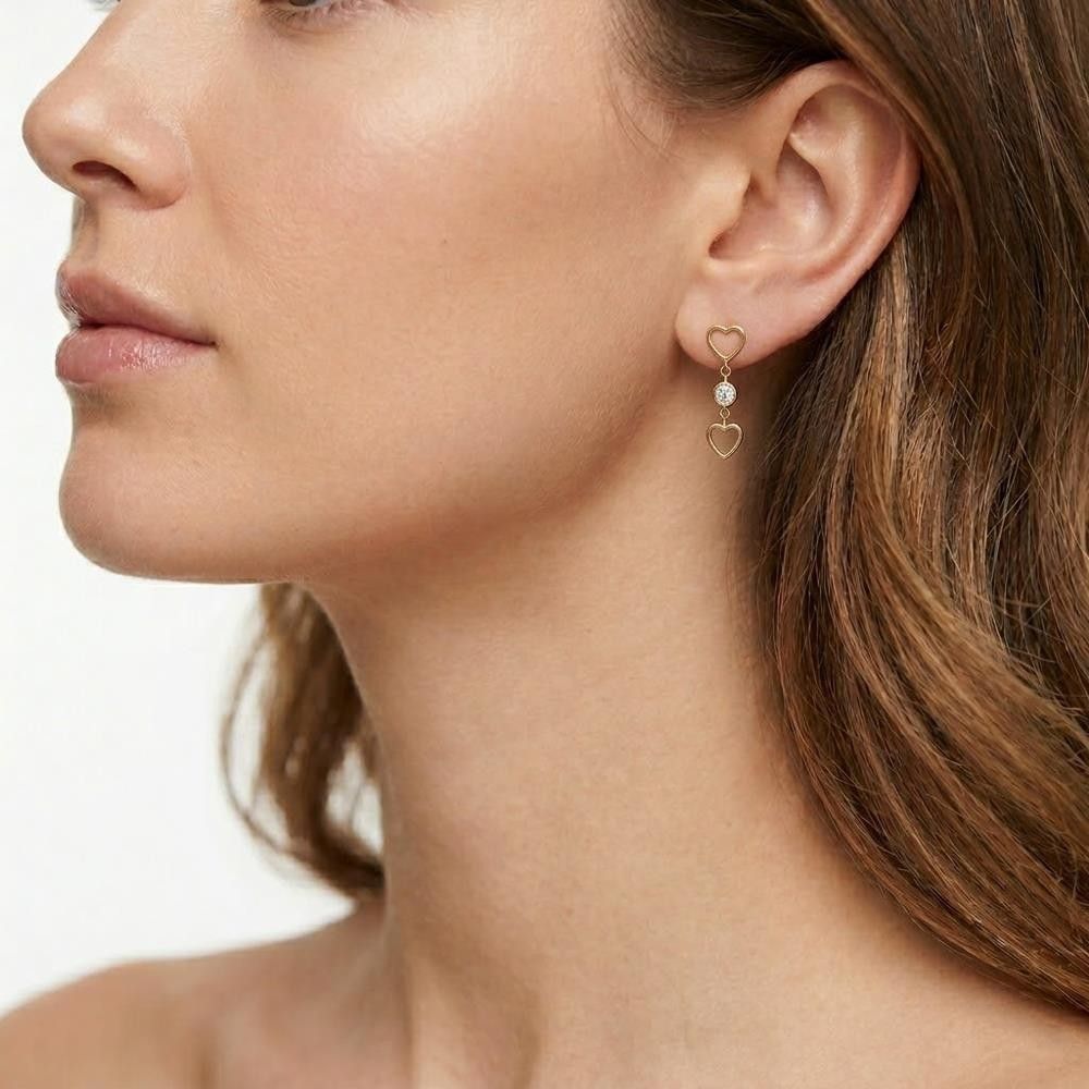 Orecchini Cuori in Oro Giallo 18 Kt e Cubic Bianca