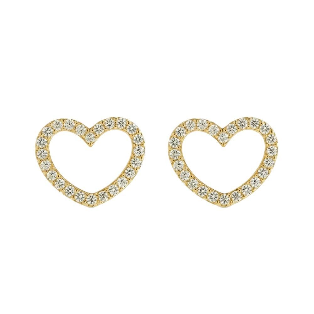 Orecchini Cuori Medi in Oro Giallo 18 Kt e Cubic Bianca