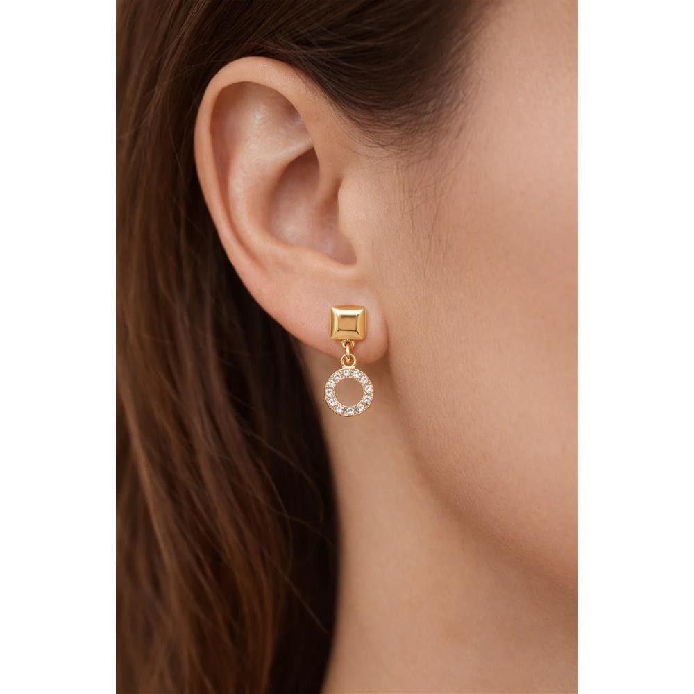 Orecchini Pendenti con Cerchi in Oro Giallo 18 Kt e Cubic Bianca