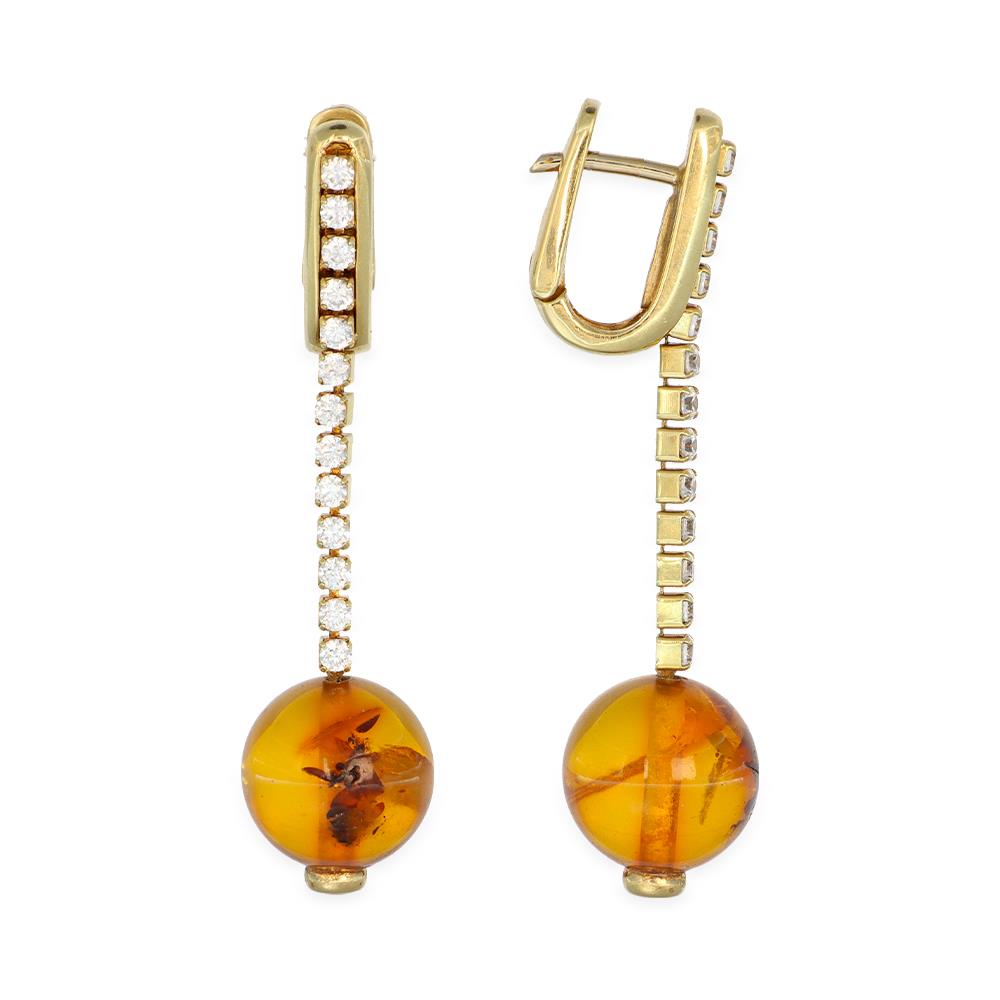 Orecchini Pendenti in Oro Giallo 18 Kt Ambra e Cubic Zirconia