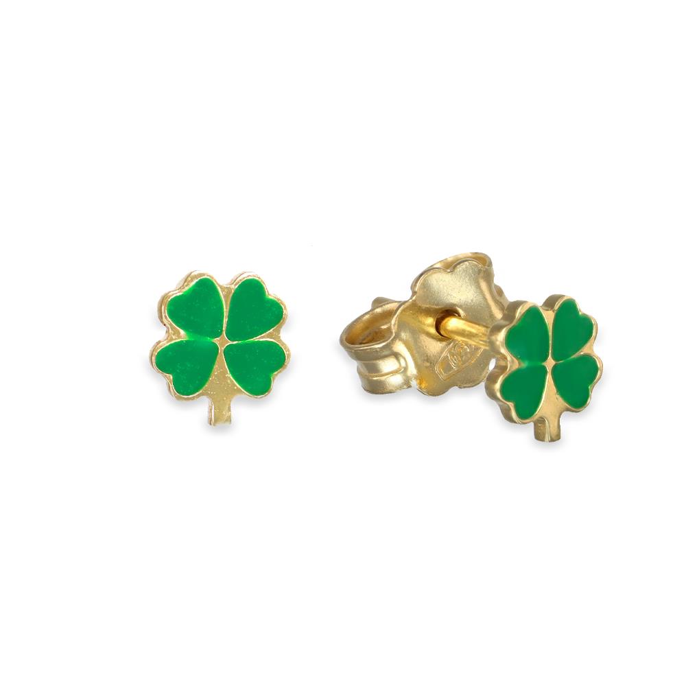 Orecchini Quadrifogli in Oro Giallo 18 Kt e Smalto Verde