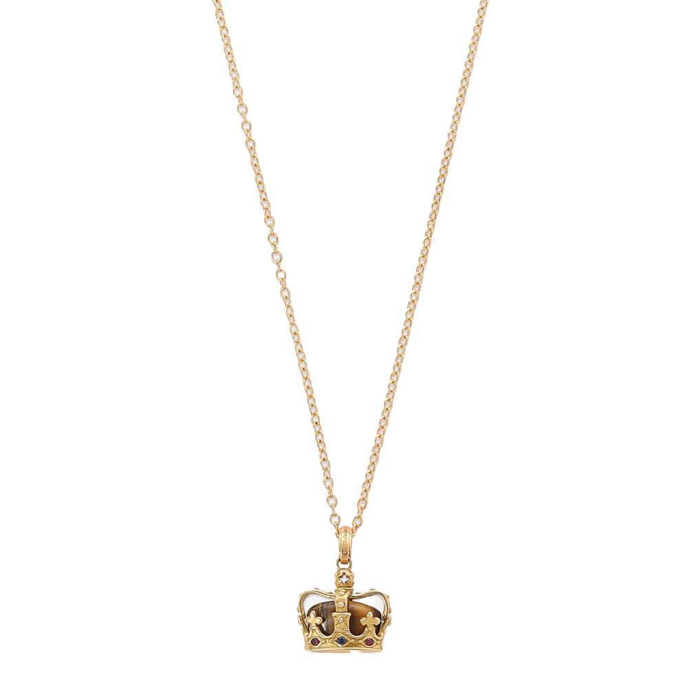 Pendente Royal oro giallo 18 carati, occhio di ferro, rubini, zaffiro blu