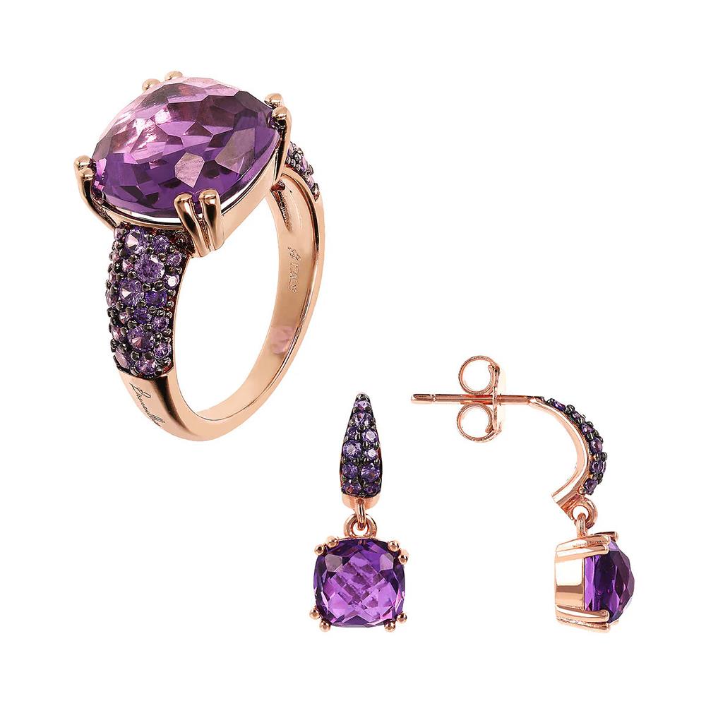 Set Anello Bronzallure Cocktail e Orecchini Pendenti con Prisma Gem Quadrata Viola e Pavé