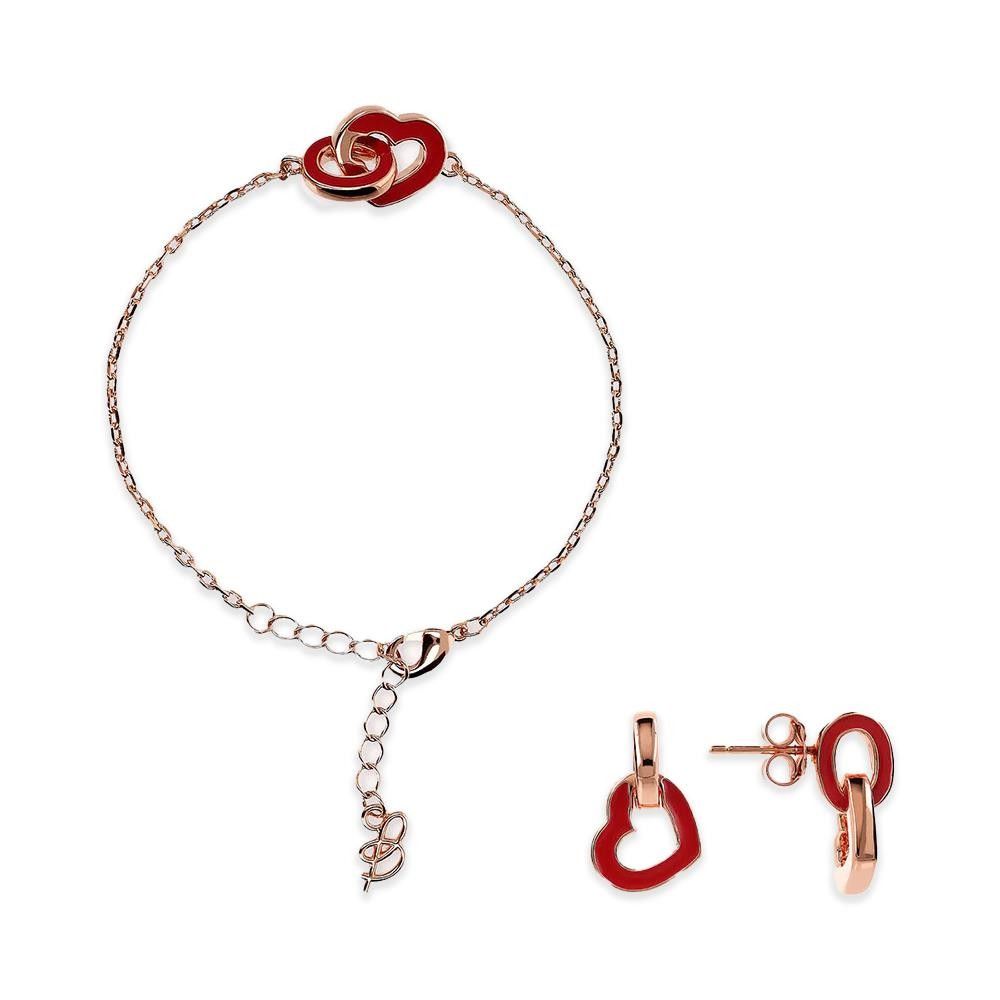 Set Bronzallure Bracciale e Orecchini Pendenti con Doppio Elemento Smaltato Cuore e Maglia Ovale