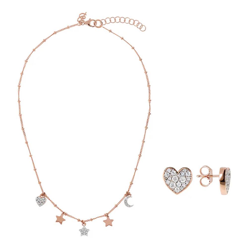 Set Bronzallure Collana con Charms e Orecchini Cuore Pavé in Cubic Zirconia Bianche